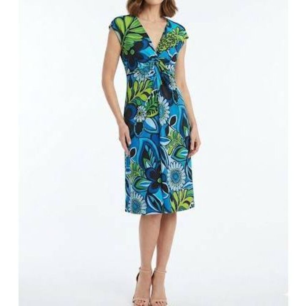 Y2K Lizzatti blue green mod floral twist front stretch jersey midi dress 8
